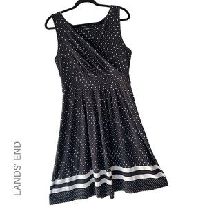 LANDS’ END | NWOT NAVY BLUE & WHITE POLKA DOT FIT & FLARE DRESS FAUX WRAP MEDIUM
